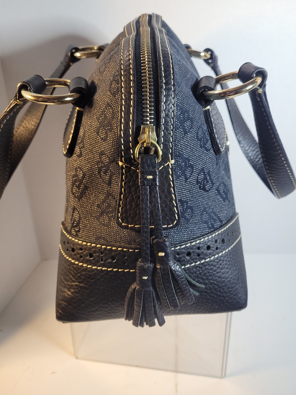 Dooney And Bourke Navy Blue Canvas And Leather Handbag Purse (Q) - Picture 4 of 9